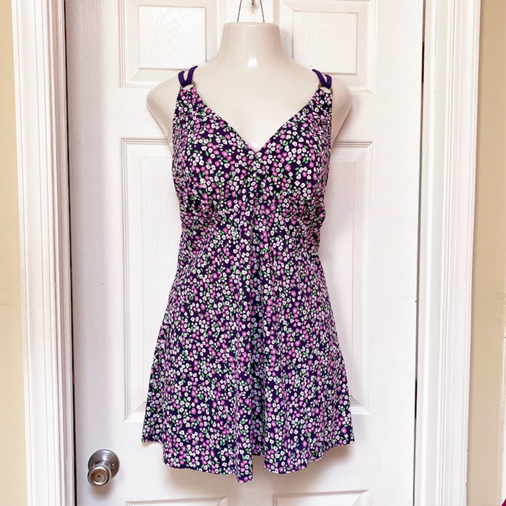 NWOT Swim 365 Purple & Pink Floral Criss Cross Strap One Piece Swim Dress